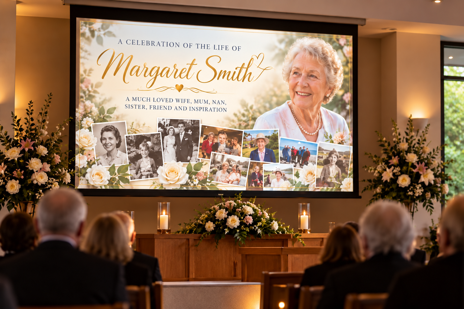 Memorial slideshow banner honouring Margaret Smith with portrait, flowers, candles, and seated mourners in a crematorium.
