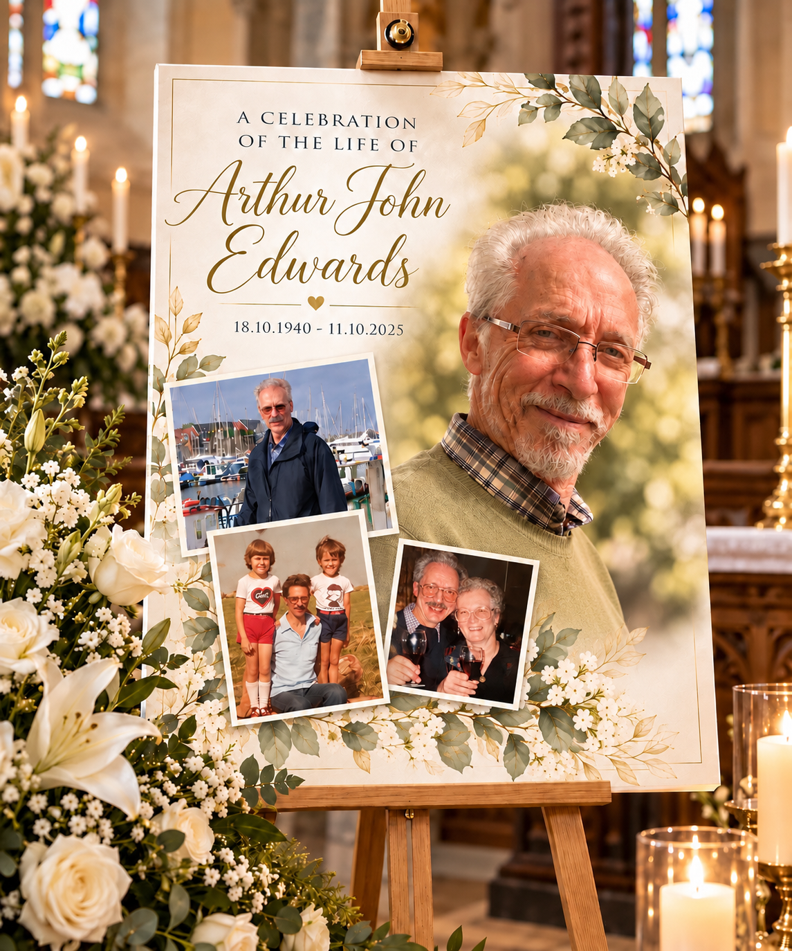 Memorial canvas display board with floral decorations, candles, and photos honouring Arthur John Edwards in a church.