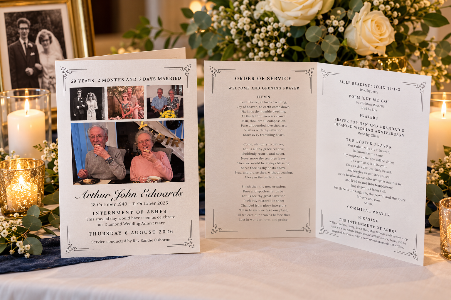 Open order of service with photos for Margaret Smith, with blue ribbon, candle, and flowers on marble.