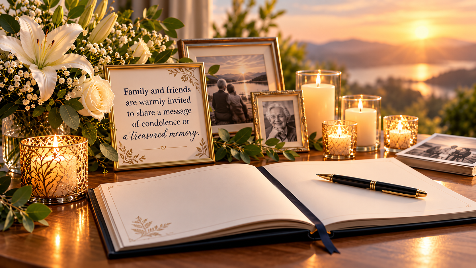 White lily bouquet beside framed condolence message, candles and open guestbook on table at sunset.
