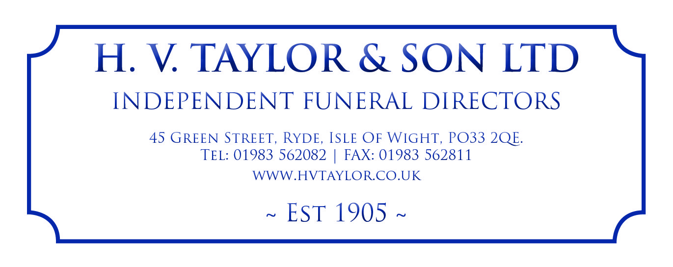 Blue and white sign reading H.V. Taylor & Son Ltd, independent funeral directors, established 1905.